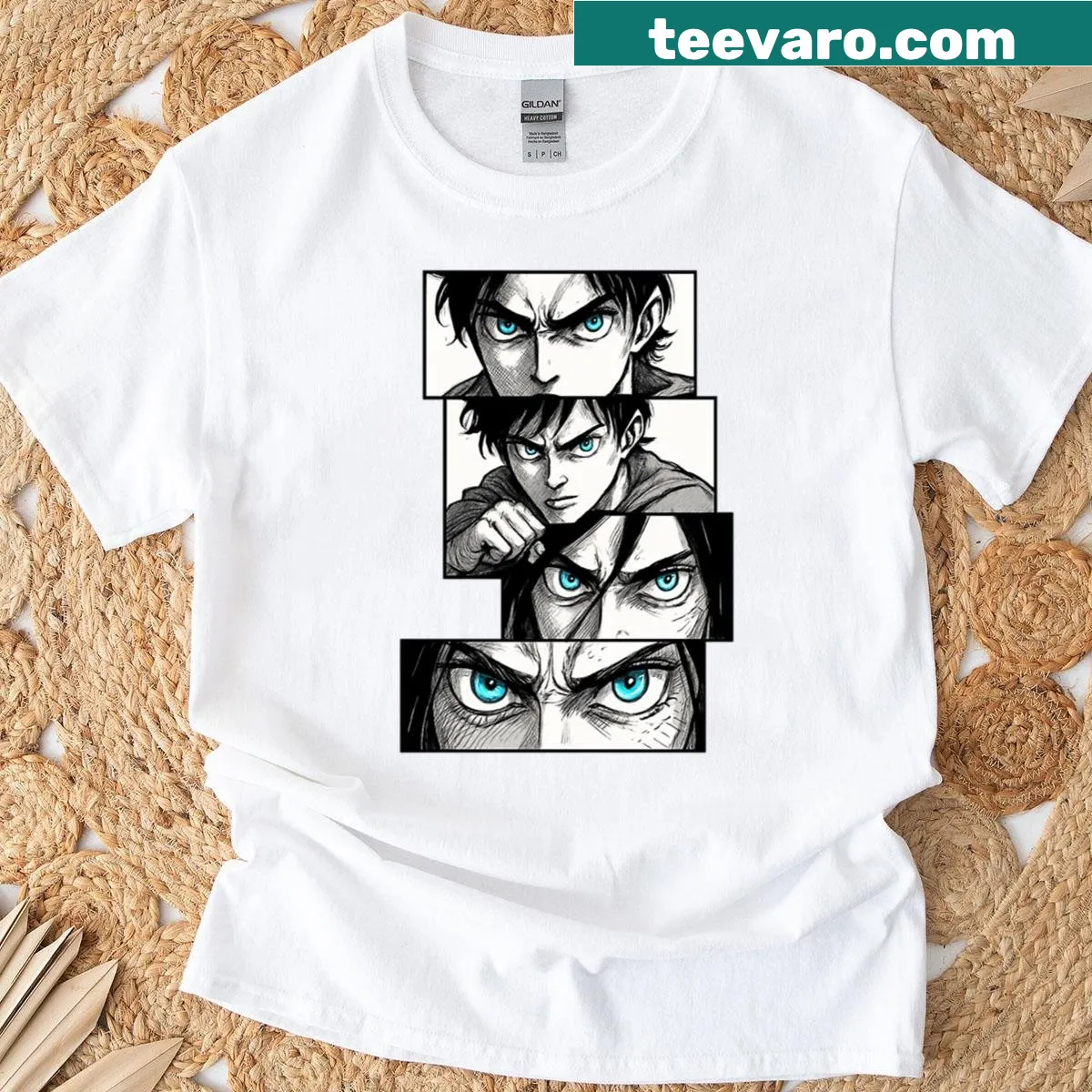 Graphic of four intense gazes on a T-shirt — on a men's t-shirt