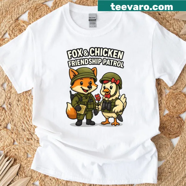Illustration of a fox and chicken as friends on a t-shirt