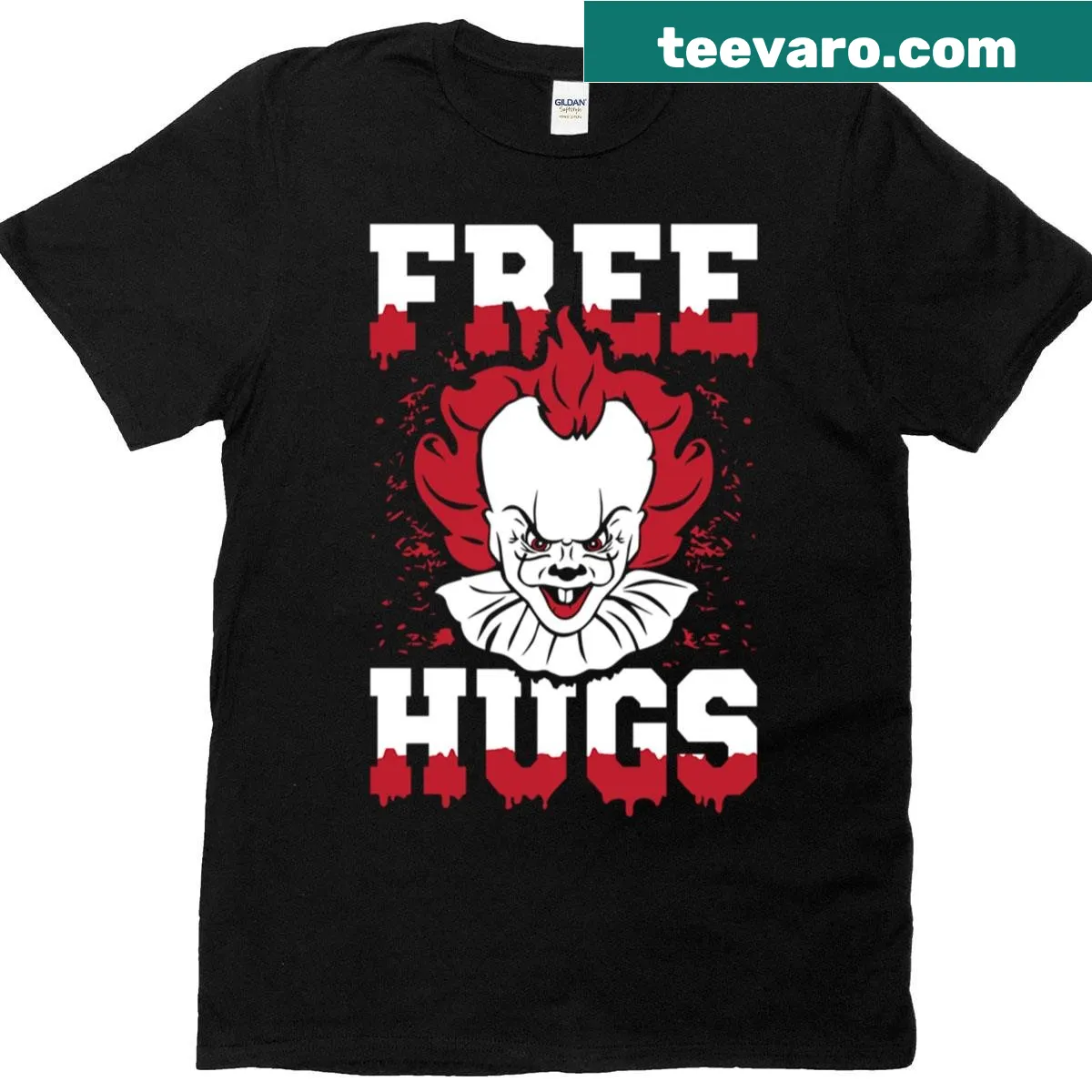 Funny horror movie design featuring 'Free Hugs' text — on a men's t-shirt