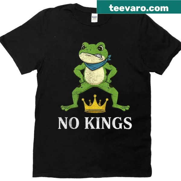 Graphic t-shirt featuring a frog and text 'No Kings'