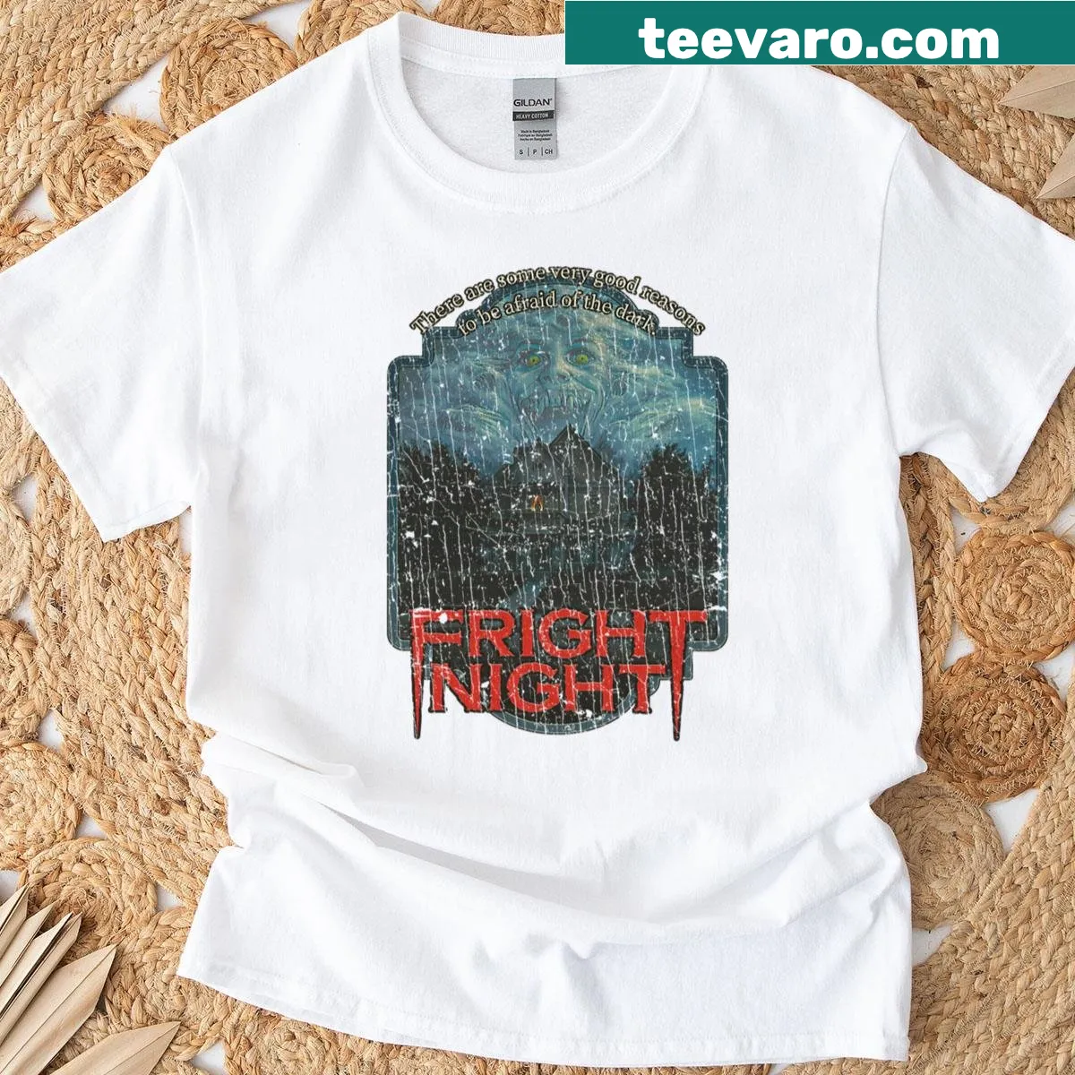 Nostalgic t-shirt featuring Fright Night 1985 design for horror film enthusiasts. — on a men's t-shirt