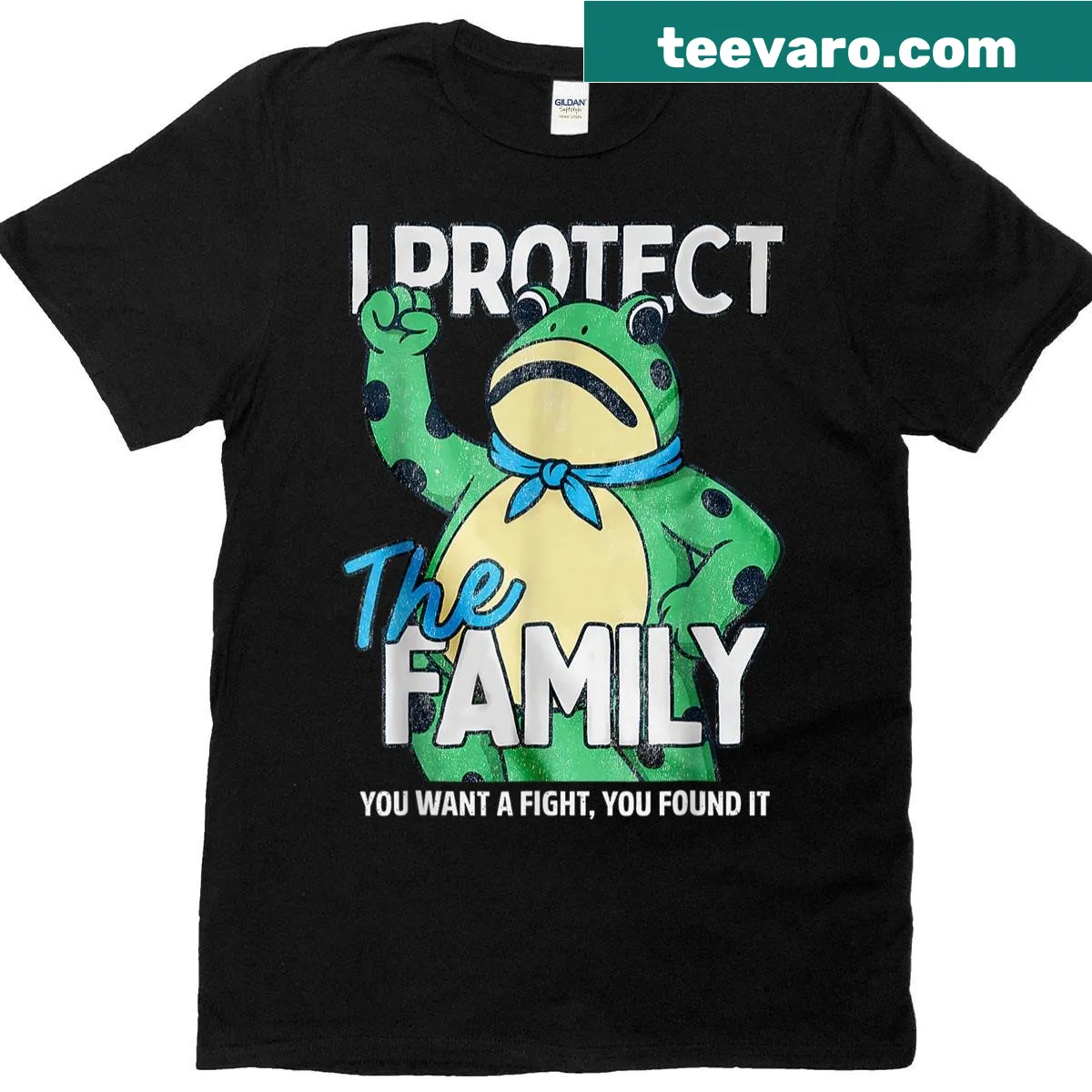Funny cartoon frog graphic t-shirt with protective message — on a men's t-shirt