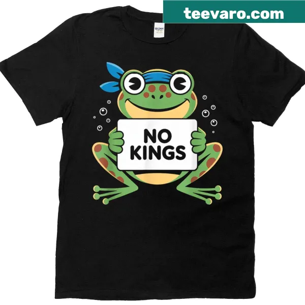 Funny frog graphic with 'No Kings' text on a T-shirt