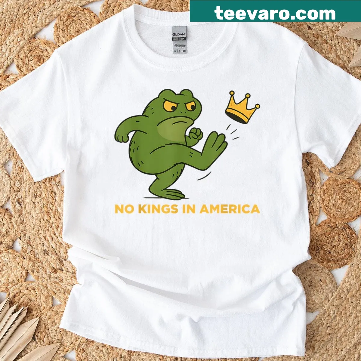 T-shirt with a rebellious frog graphic and 'No Kings In America' text — on a men's t-shirt