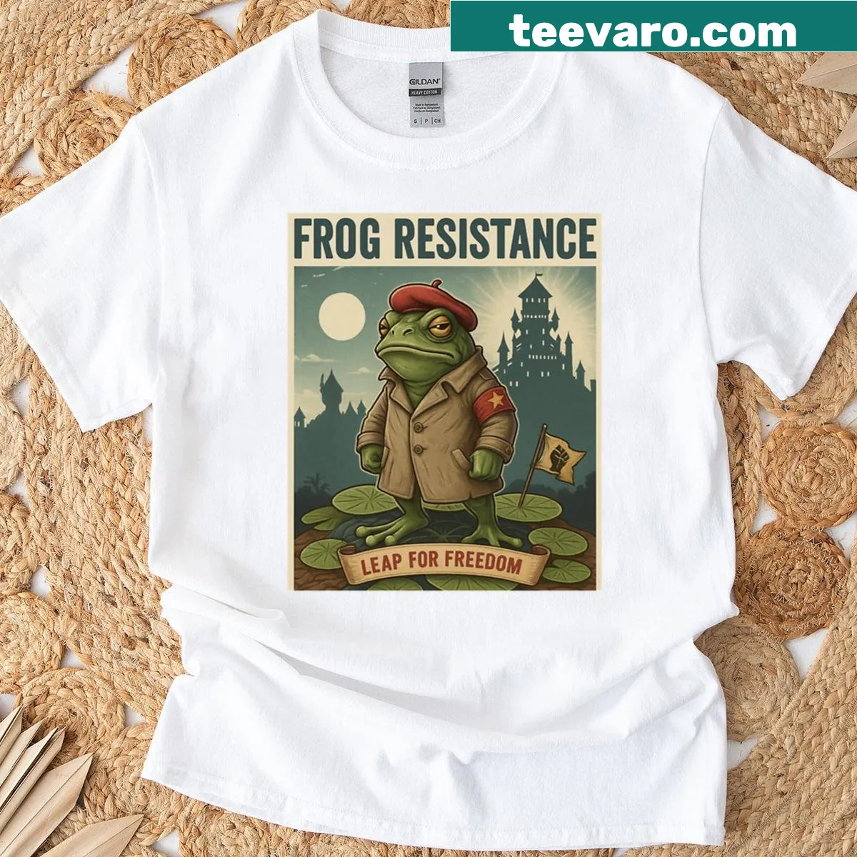 Rebel Frog Power t-shirt with humorous frog-themed text — on a men's t-shirt