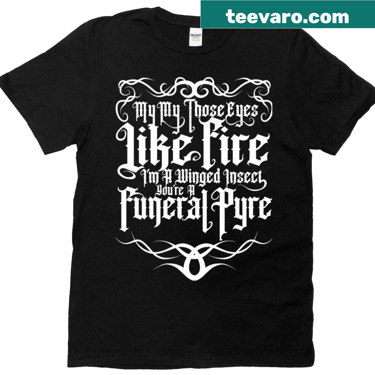 Graphic t-shirt featuring a funeral pyre design — on a men's t-shirt