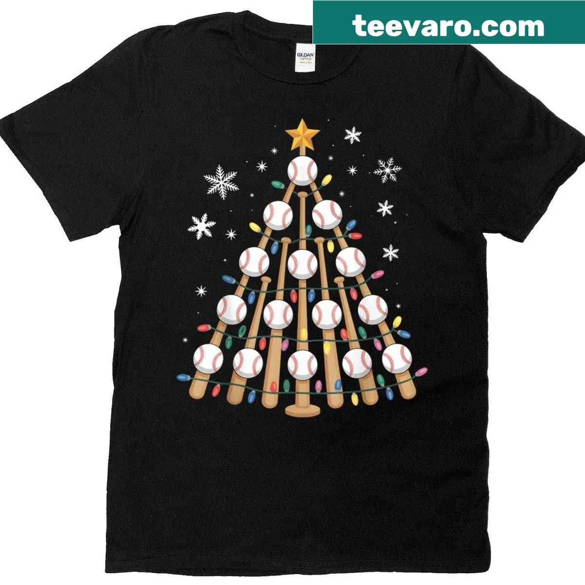 Christmas-themed T-shirt with baseball tree lights graphic — on a men's t-shirt