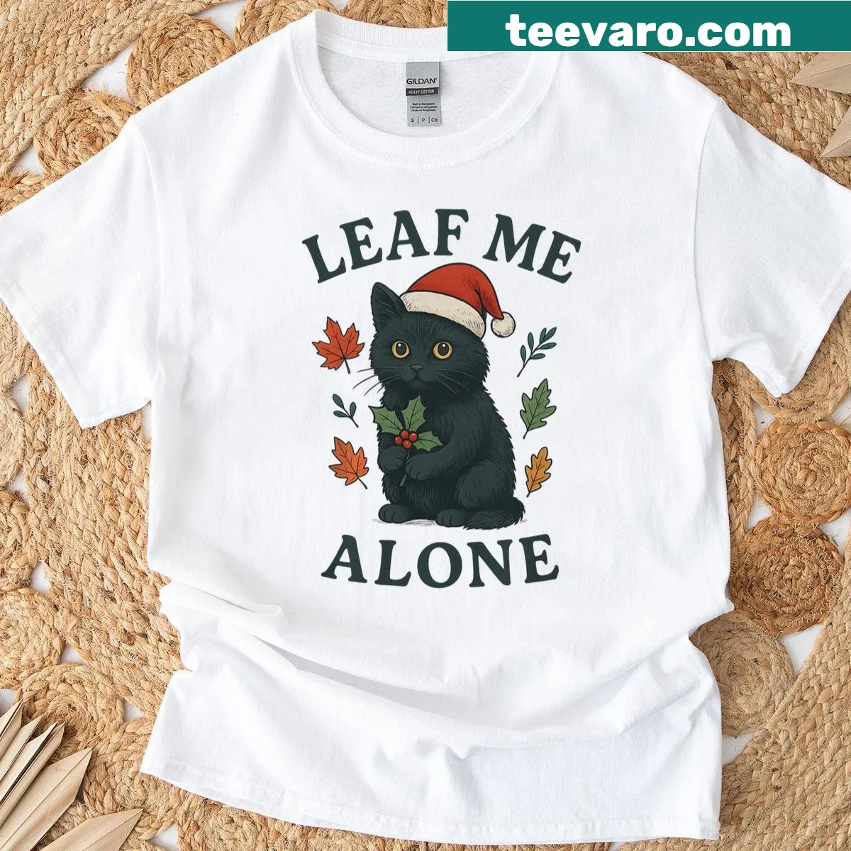 Christmas cat shirt with a Santa hat and holly leaf — on a men's t-shirt