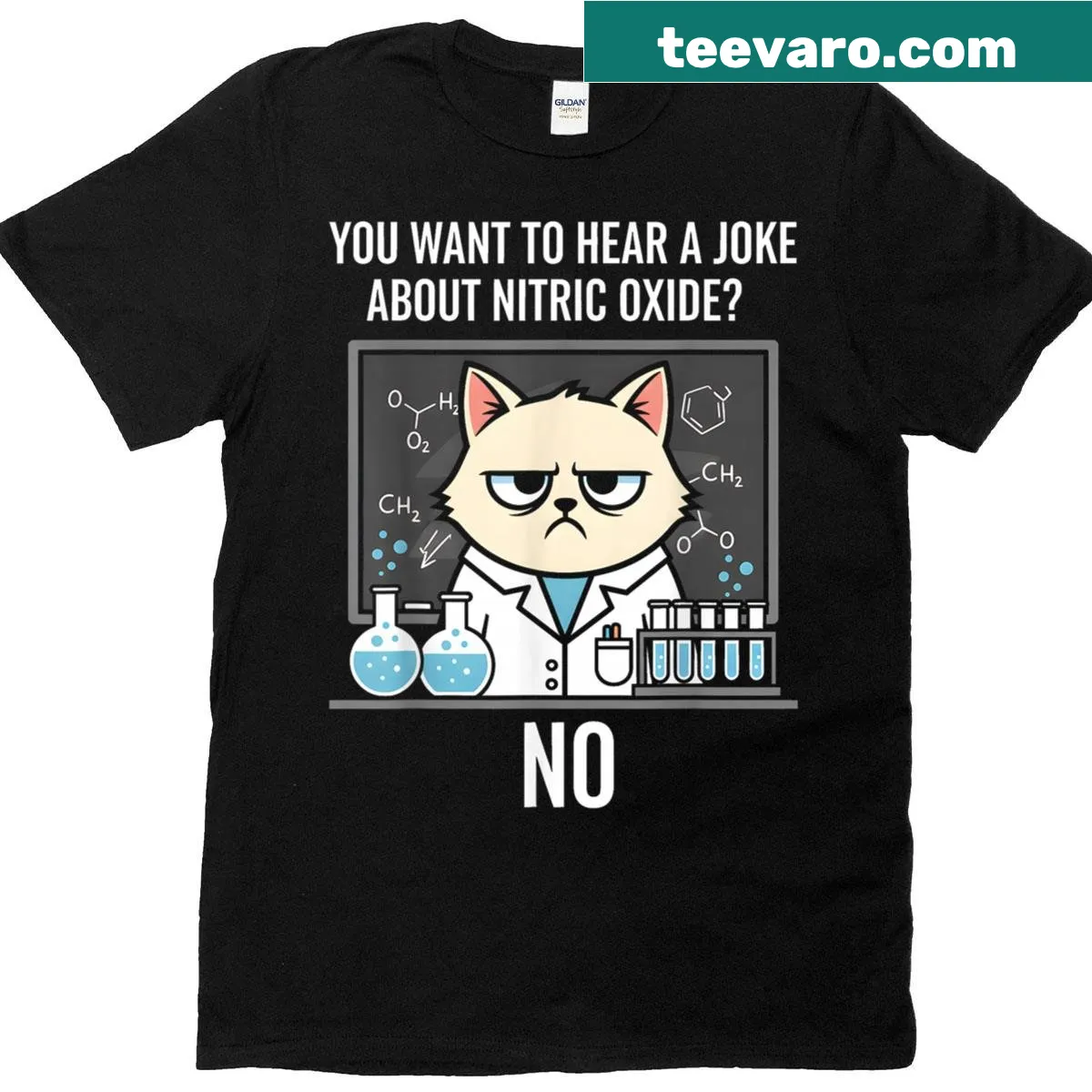 Cartoon cat with chemistry pun on a teacher T-shirt — on a men's t-shirt
