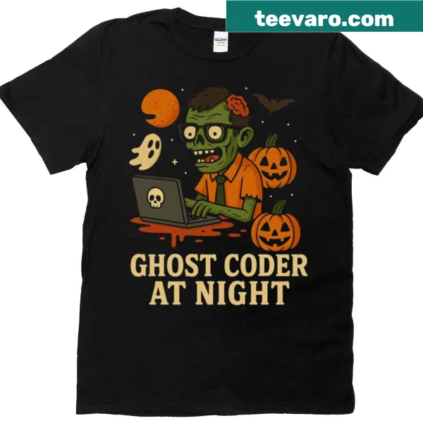 Spooky graphic of a ghost coder with zombies on T-shirt