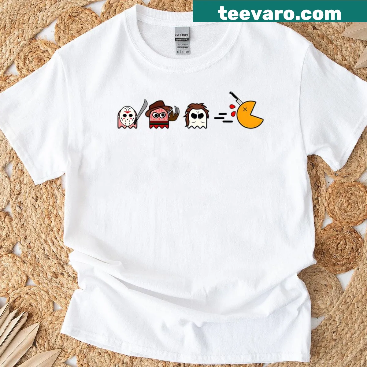 Cartoon ghosts and gamer references on Halloween t-shirt — on a men's t-shirt