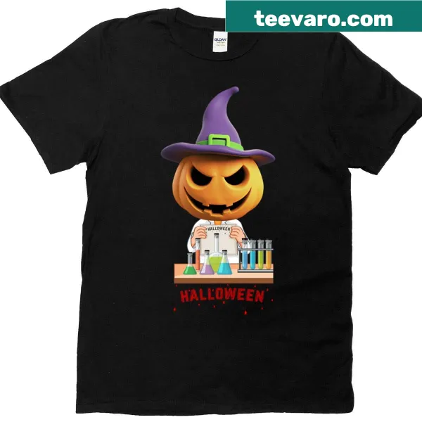 Oversized T-shirt with a cartoon chemist and Halloween-themed text
