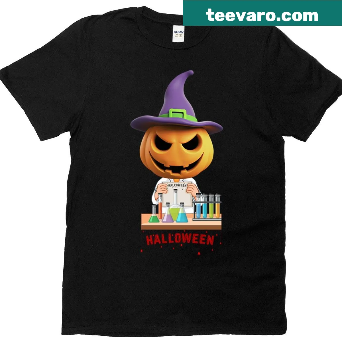 Oversized T-shirt with a cartoon chemist and Halloween-themed text — on a men's t-shirt