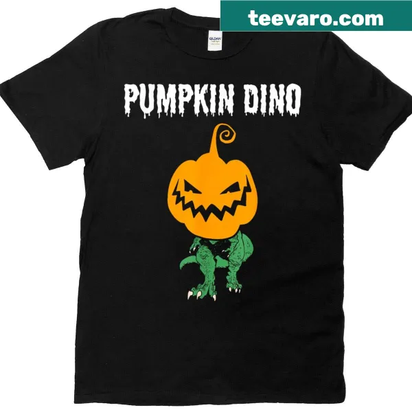 Funny Halloween T-shirt with a dinosaur and pumpkin illustration.