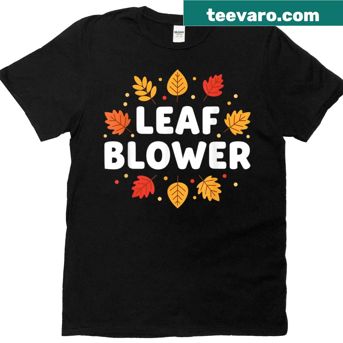 Matching couple t-shirts with funny leaf blower graphic — on a men's t-shirt