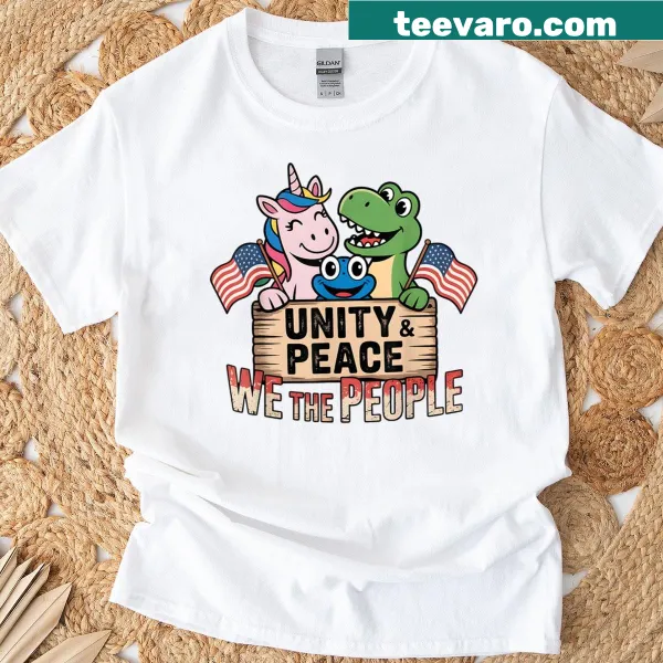 Patriotic design with unicorn, dinosaur, and frog on T-shirt