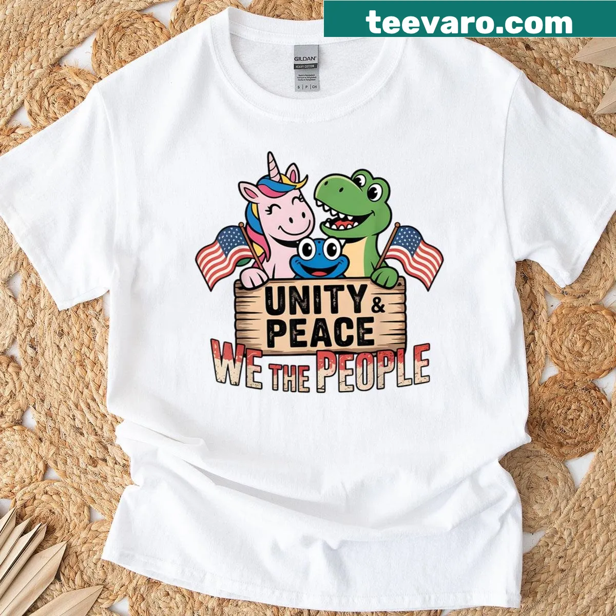 Patriotic design with unicorn, dinosaur, and frog on T-shirt — on a men's t-shirt