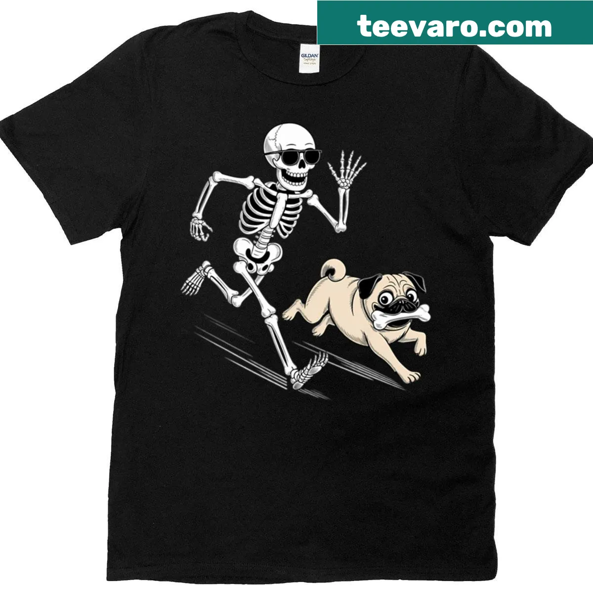 Cartoon skeleton chasing a pug design for Halloween dog moms — on a men's t-shirt
