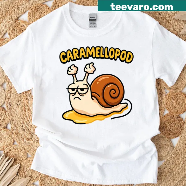 Whimsical illustration of a snail with caramel on a T-shirt