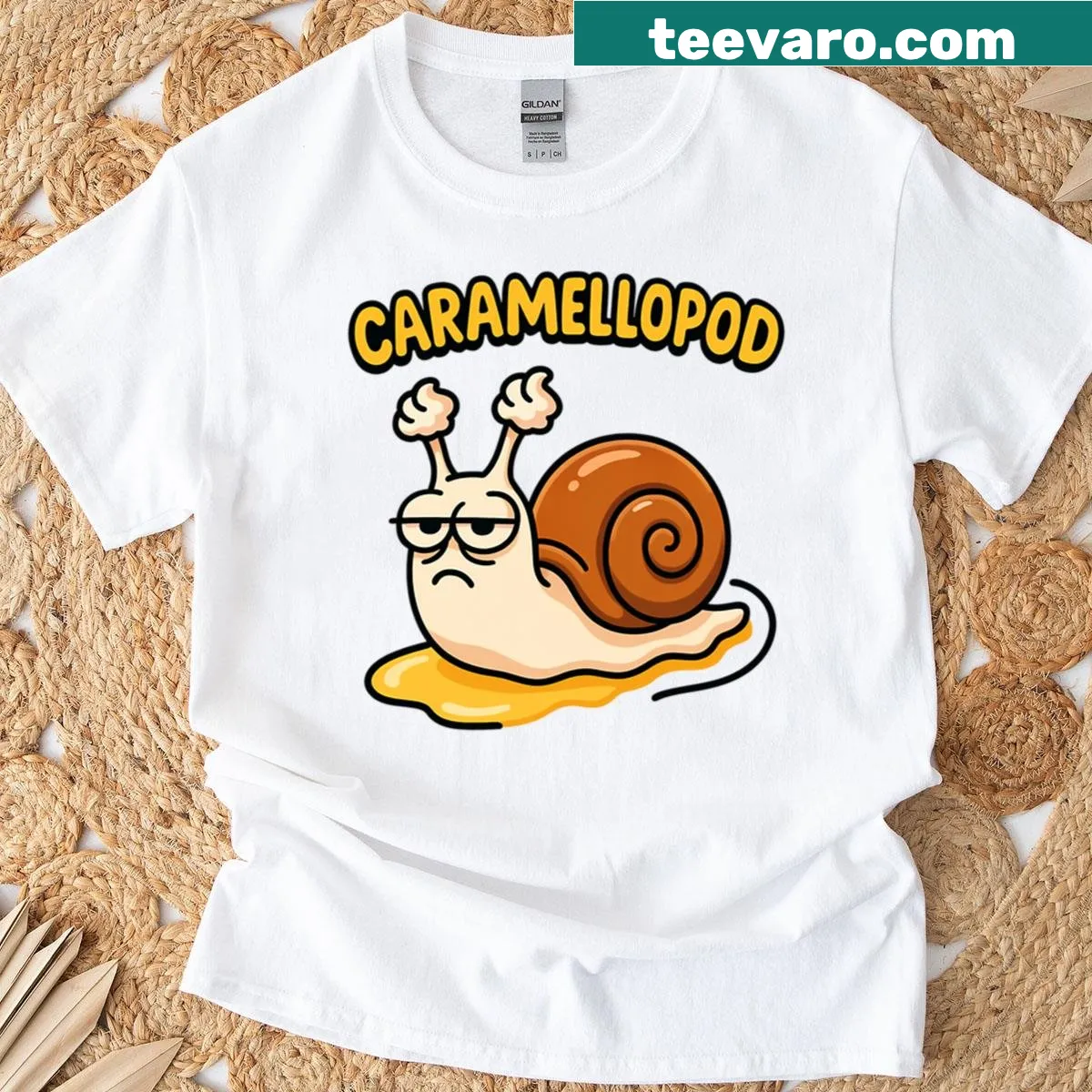 Whimsical illustration of a snail with caramel on a T-shirt — on a men's t-shirt