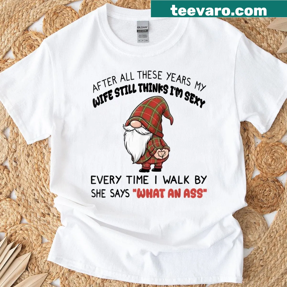Whimsical gnome T-shirt with humorous text about attractiveness — on a men's t-shirt