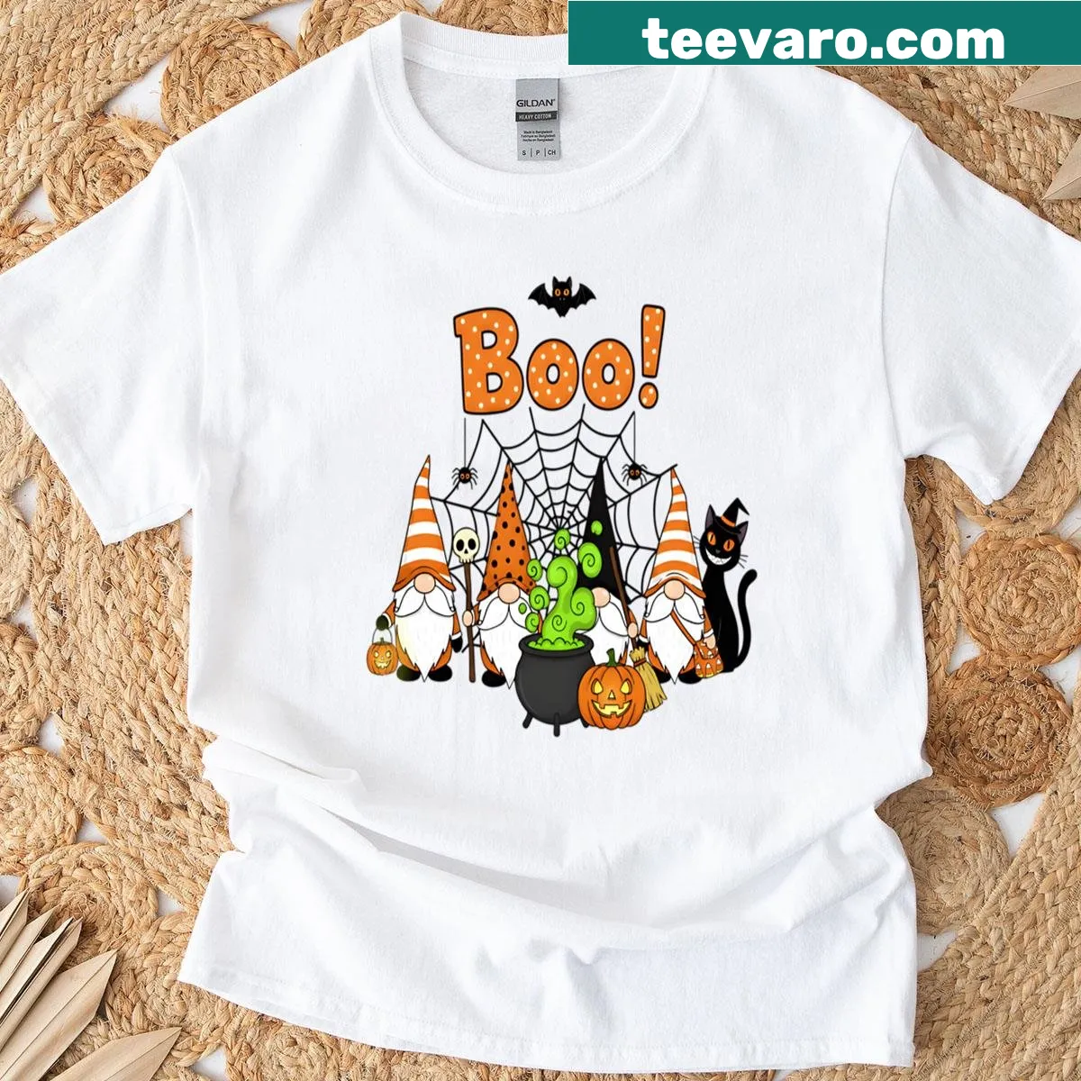 Playful Halloween design featuring gnomes with traditional spooky elements — on a men's t-shirt