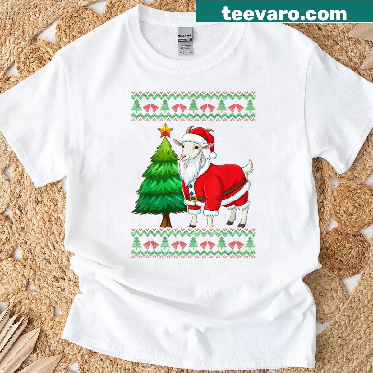 Whimsical goat design for a kids' Christmas t-shirt — on a men's t-shirt