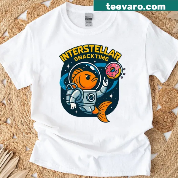 Cartoon goldfish astronaut design with donuts and stars