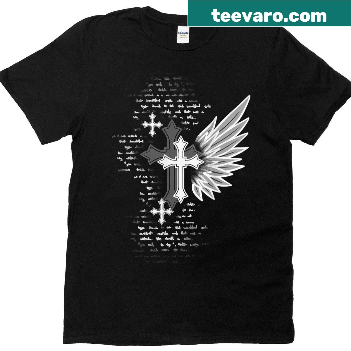 Edgy goth cross with wings graphic t-shirt — on a men's t-shirt