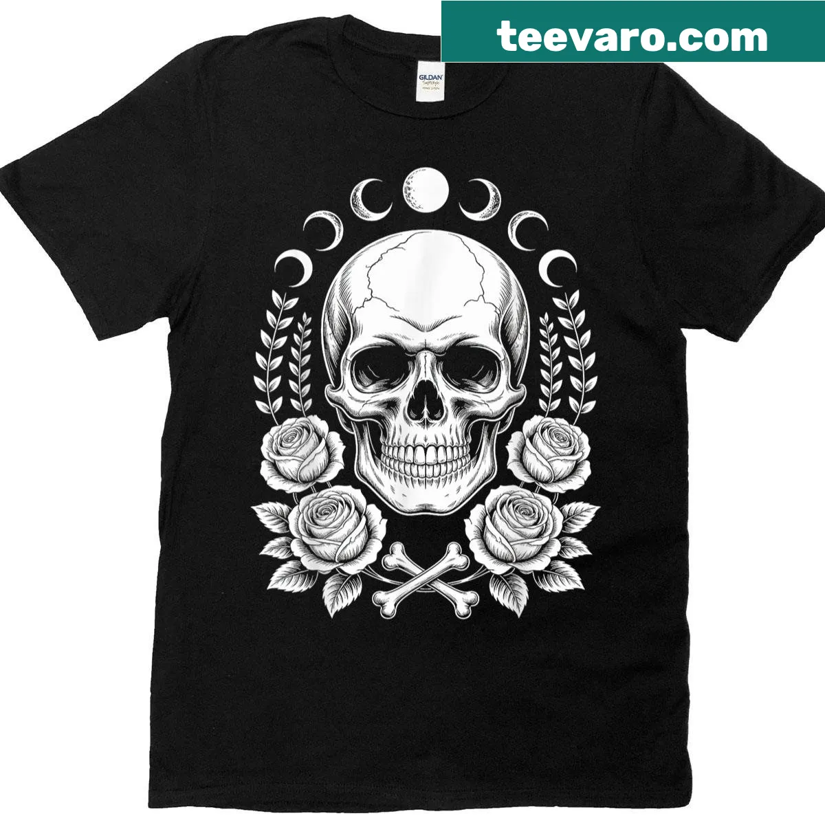 Gothic T-shirt design featuring a skull, moon phases, and roses — on a men's t-shirt