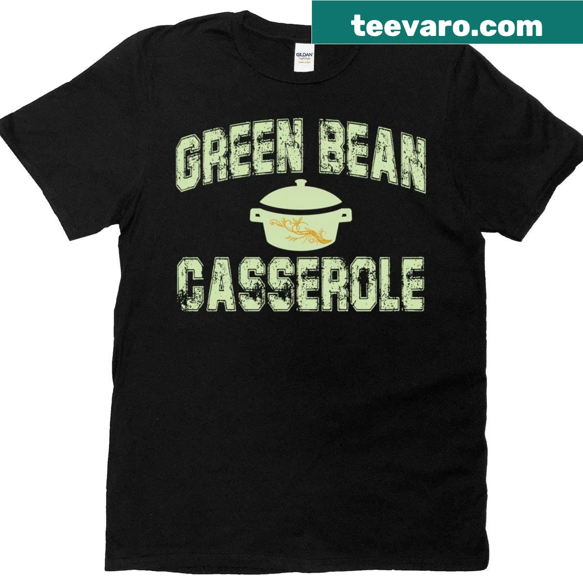 Funny cooking T-shirt featuring green bean casserole illustration — on a men's t-shirt