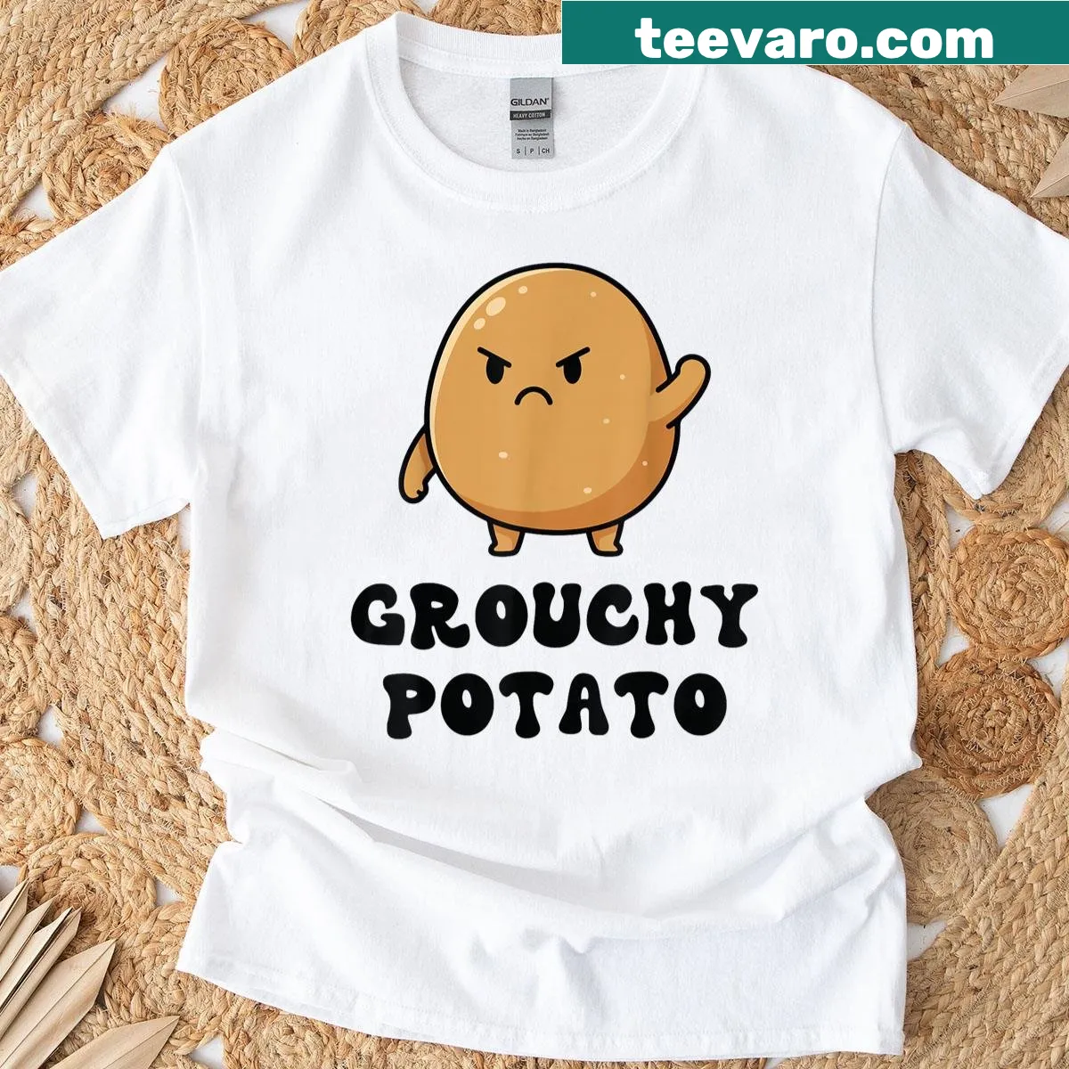 Kawaii T-shirt featuring a grouchy potato and sweet potato graphics — on a men's t-shirt