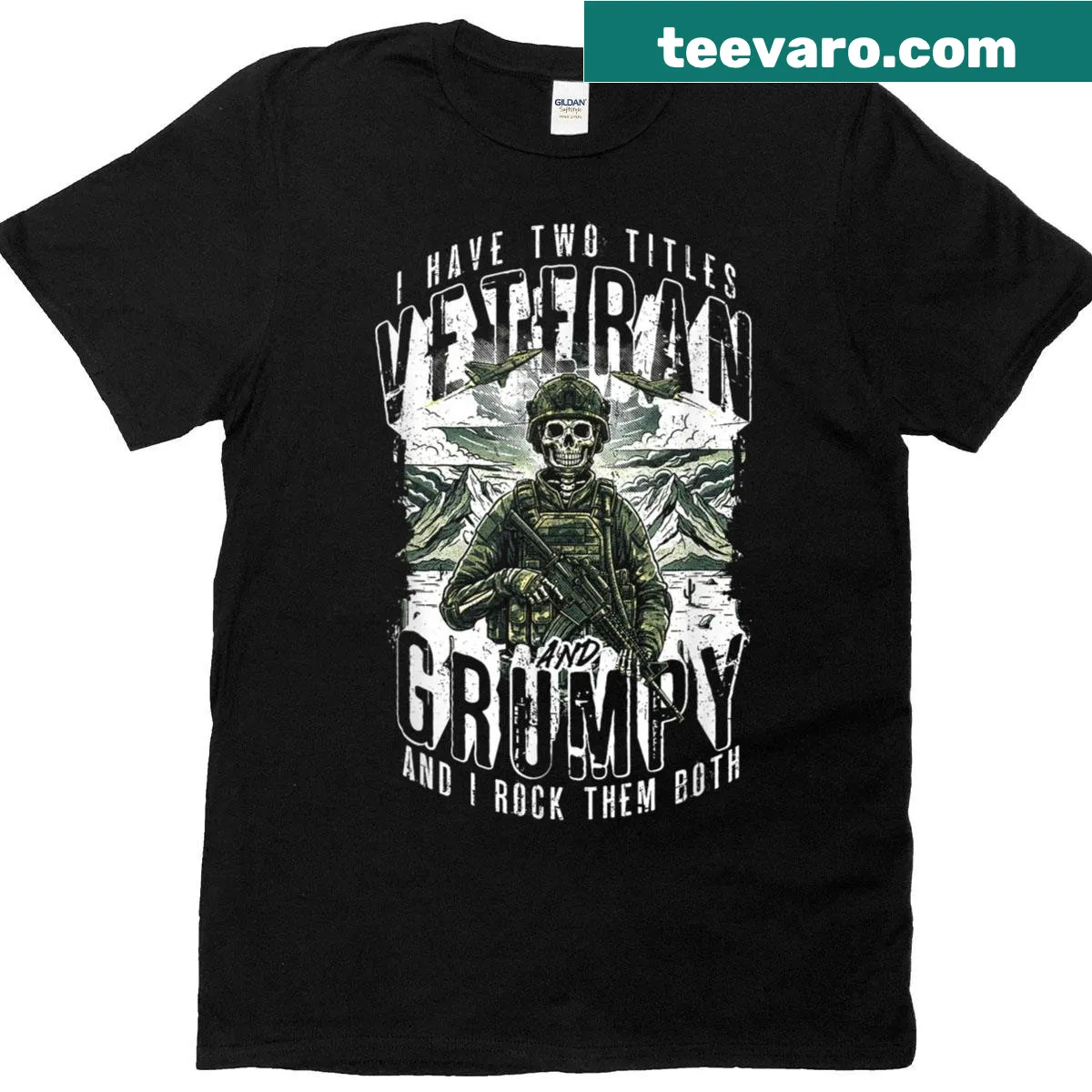 Funny T-shirt for veterans with 'Grumpy Veteran' text and patriotic design — on a men's t-shirt