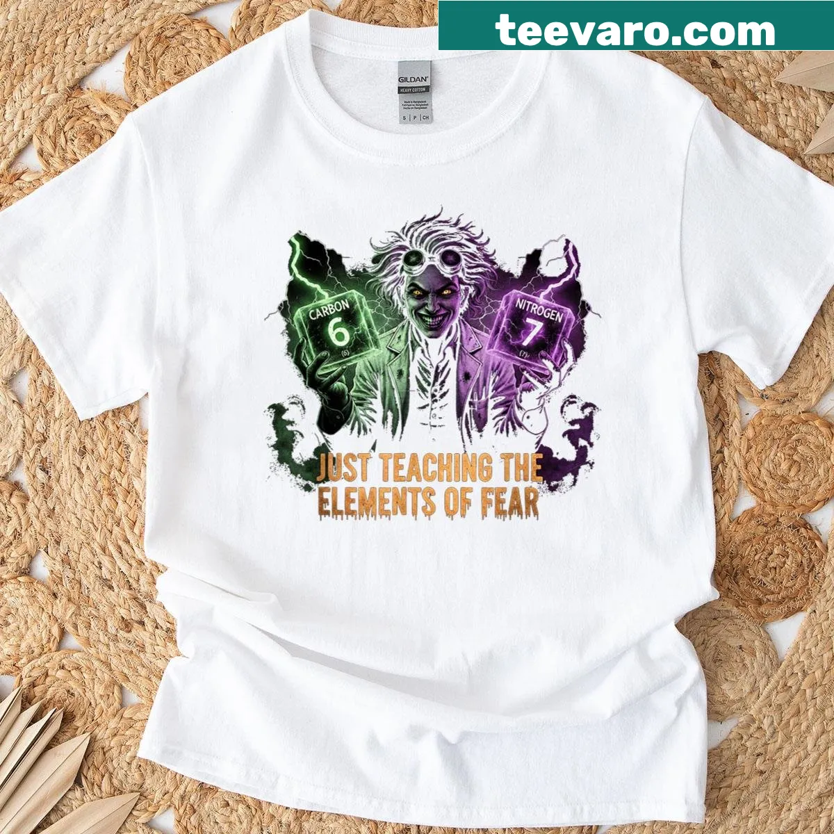 Chemistry-themed Halloween T-shirt with periodic table design — on a men's t-shirt