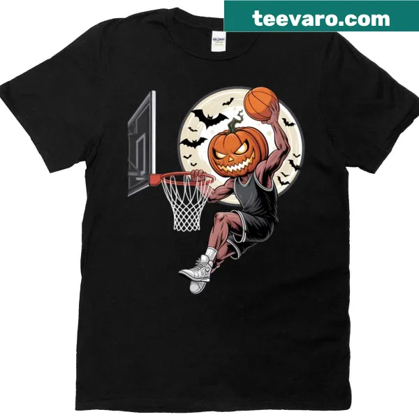 Playful pumpkin graphic with basketball theme for Halloween.