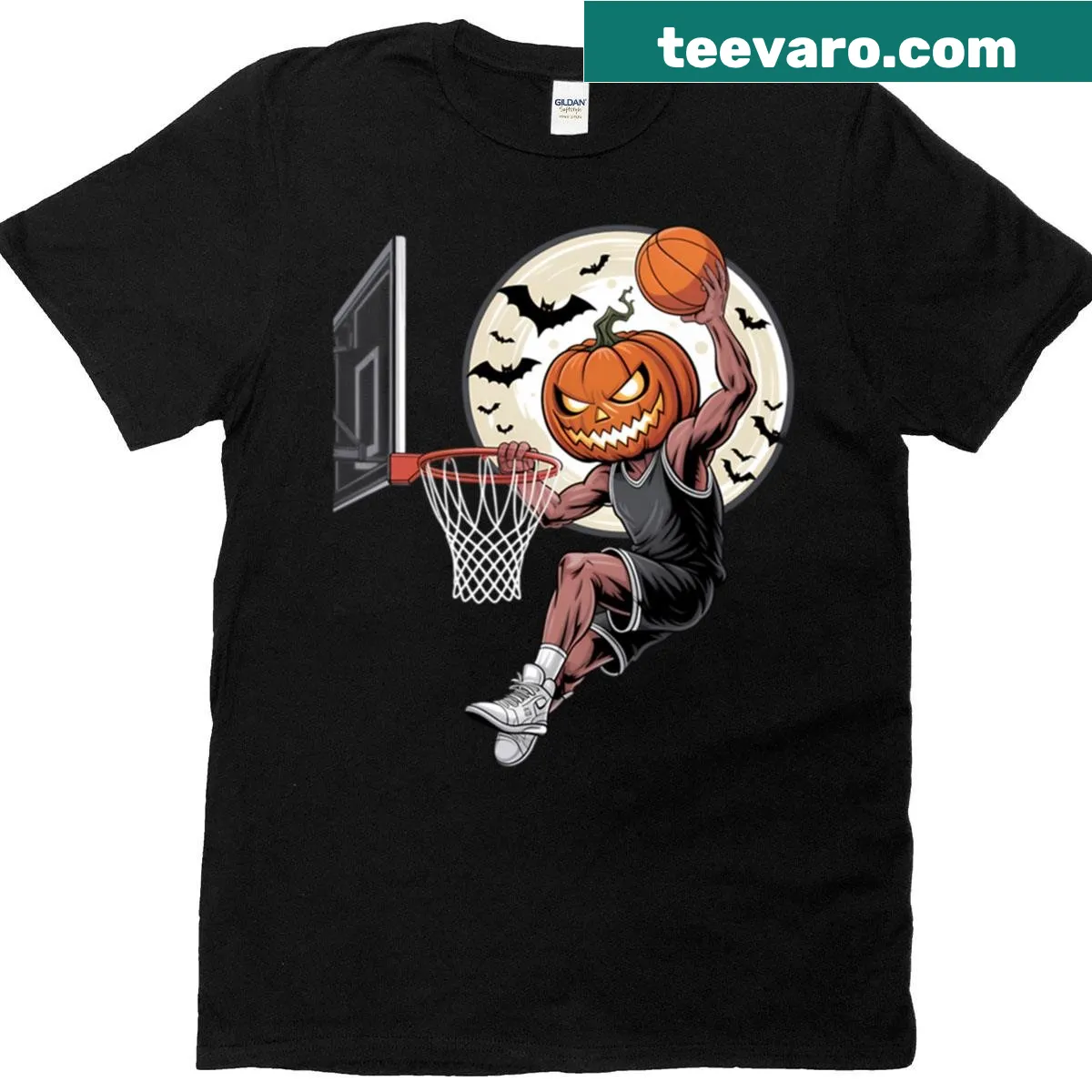 Playful pumpkin graphic with basketball theme for Halloween. — on a men's t-shirt