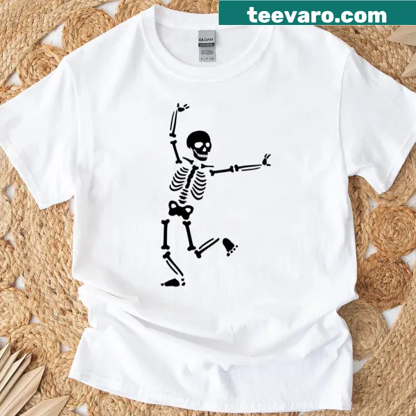 T-shirt featuring playful dancing skeleton graphic