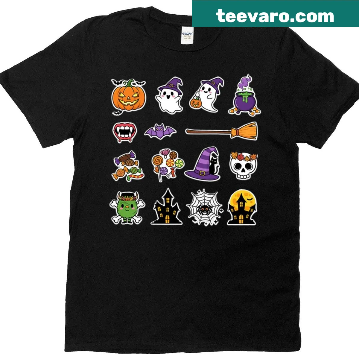 Halloween-themed sticker design on a t-shirt — on a men's t-shirt