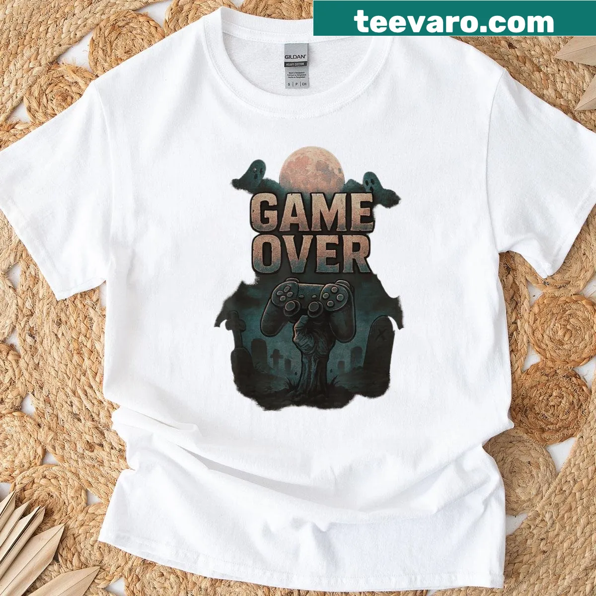 Playful Halloween T-shirt featuring gaming theme with 'Game Over' text — on a men's t-shirt