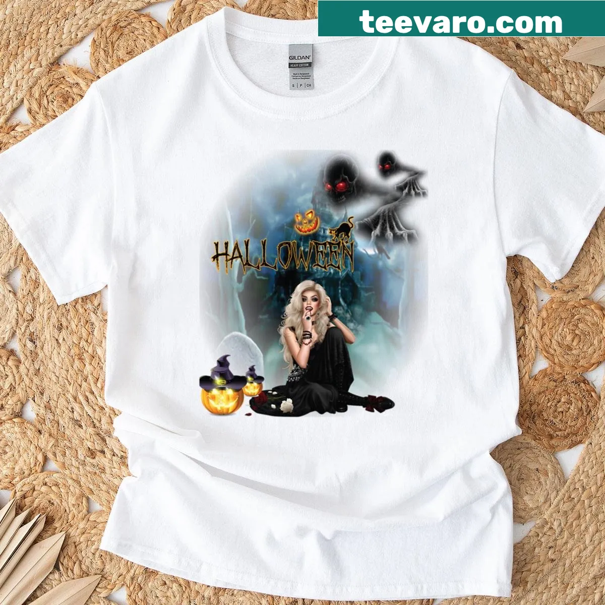 T-shirt depicting a black witch in front of a haunted house — on a men's t-shirt