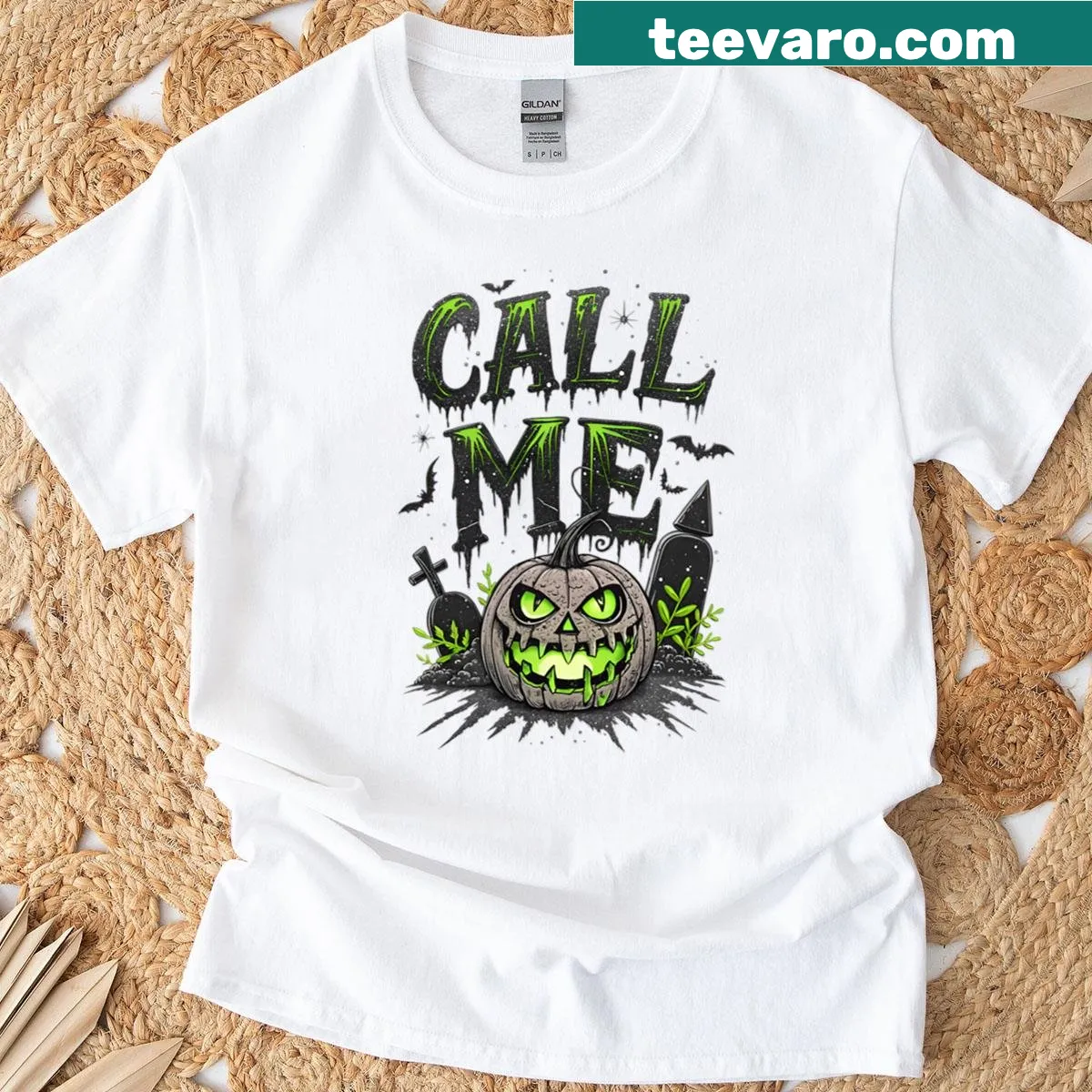 Quirky Halloween t-shirt featuring a pumpkin and graveyard design — on a men's t-shirt