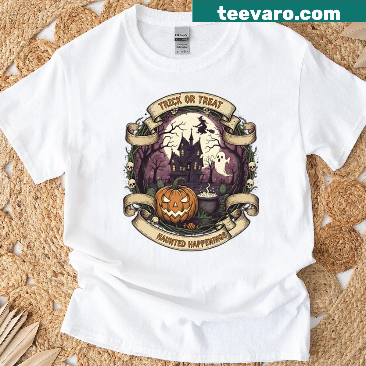 Illustrative Halloween t-shirt featuring classic horror elements — on a men's t-shirt