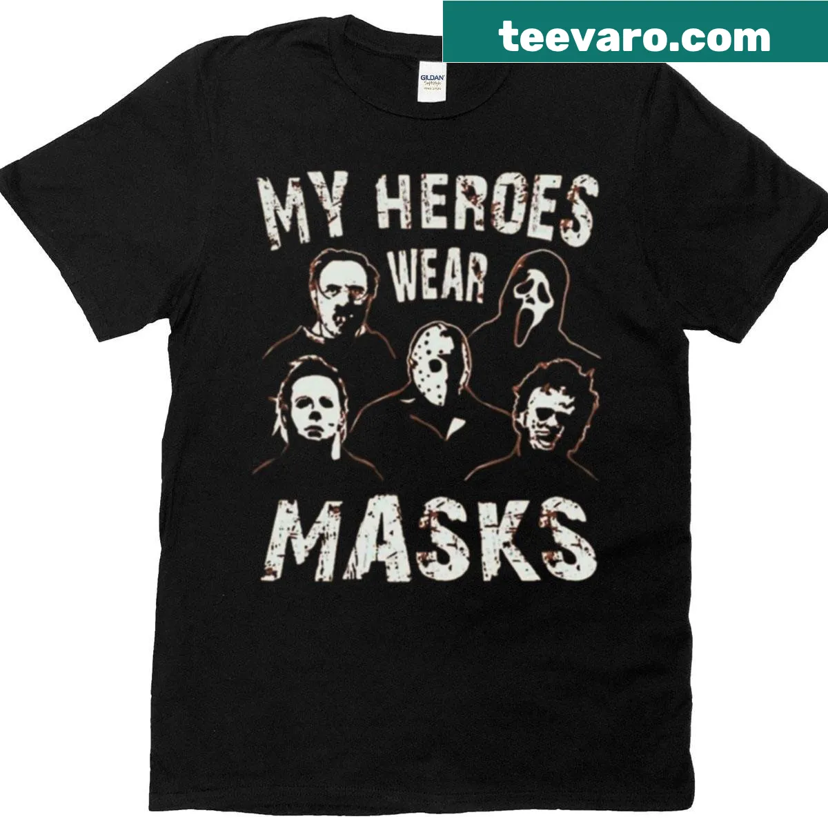 T-shirt with the phrase My Heroes Wear Masks in a Halloween-themed typography — on a men's t-shirt