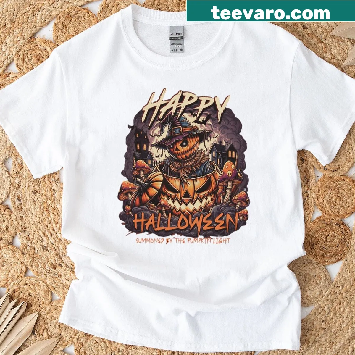 Charming Halloween T-shirt with pumpkin light design — on a men's t-shirt