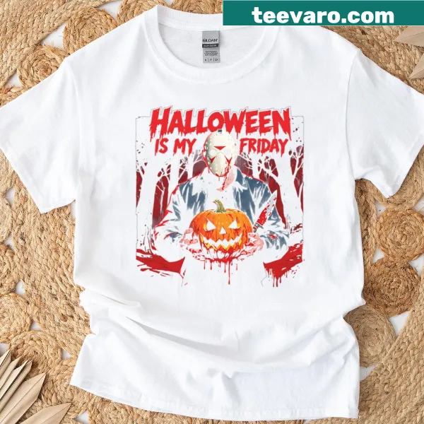Playful t-shirt declaring 'Halloween Is My Friday' with horror movie art