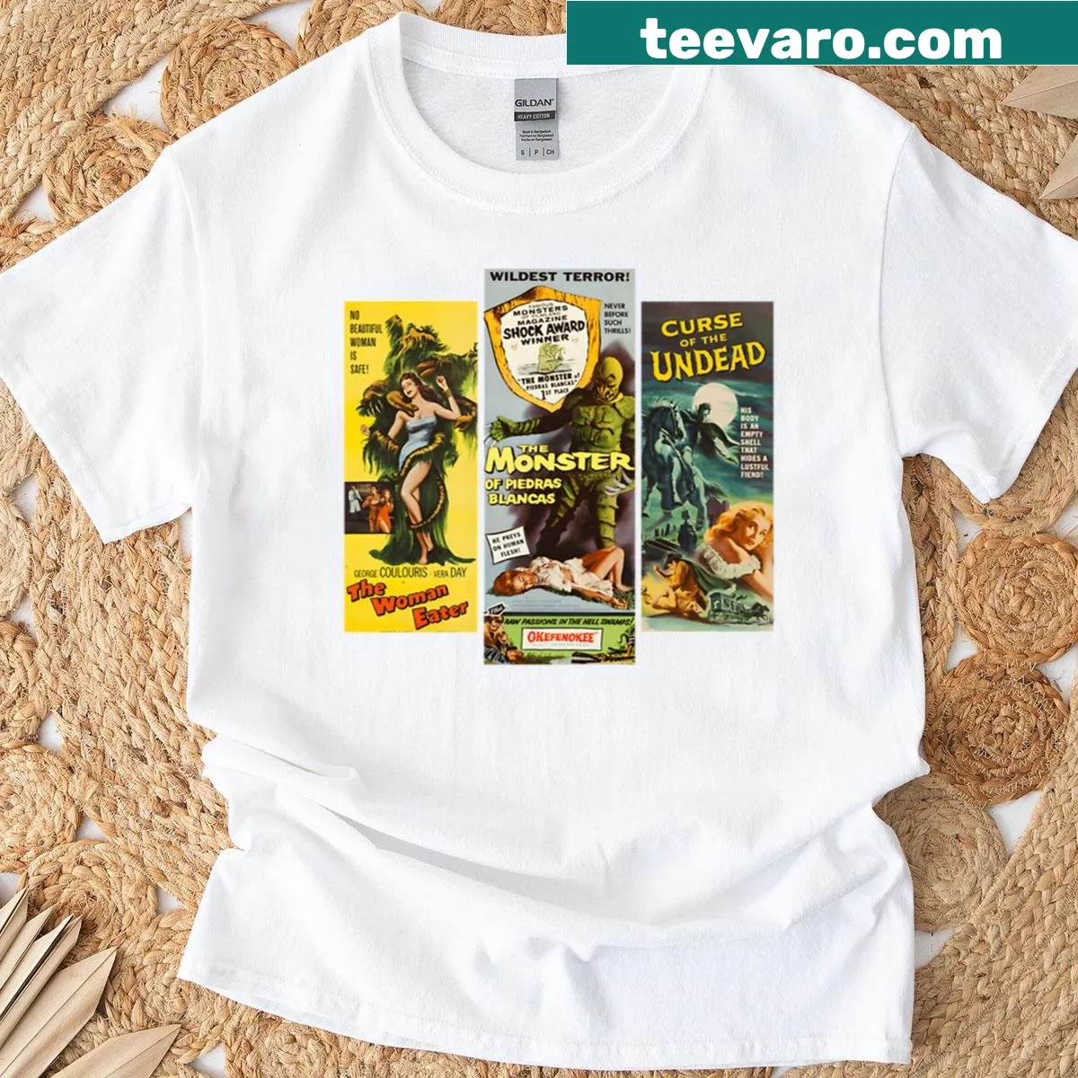 Illustration of classic movie monsters on a Halloween t-shirt — on a men's t-shirt