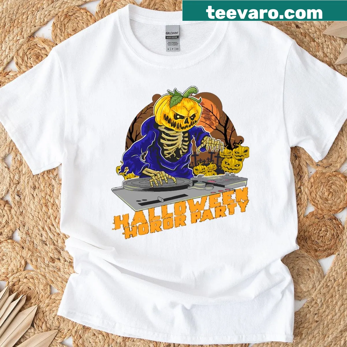 Halloween party DJ pumpkin T-shirt with headphones illustration — on a men's t-shirt