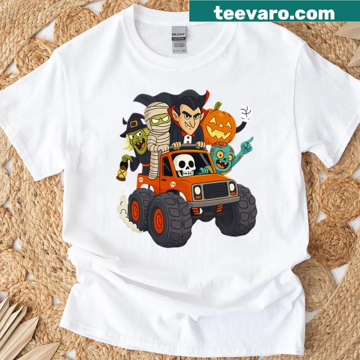 Halloween T-shirt featuring a skeleton zombie monster truck with a vampire driver — on a men's t-shirt