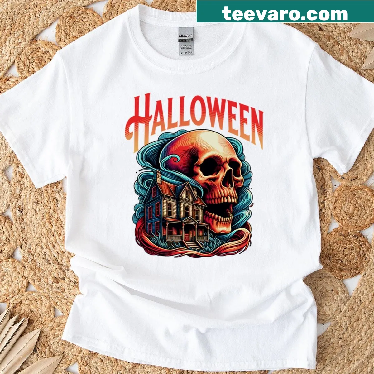 Oversized Halloween t-shirt featuring a detailed skull design — on a men's t-shirt