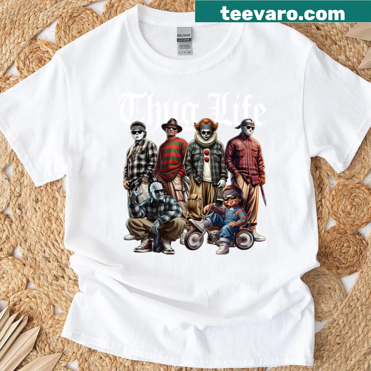 Playful oversized Halloween T-shirt with 'Thug Life' graphic — on a men's t-shirt